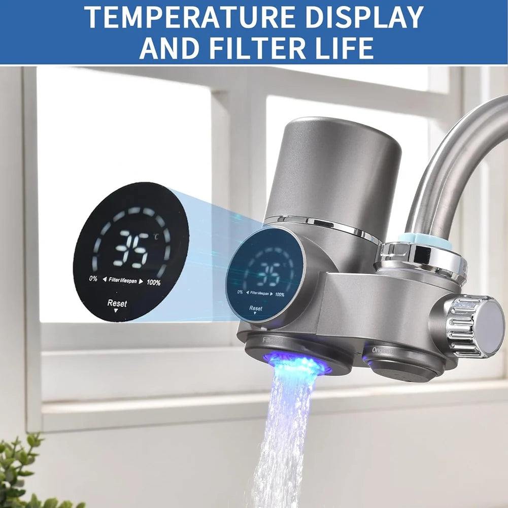 Faucet water filter with LED display showing temperature and filter life, installed on kitchen sink faucet with blue UV light purification.