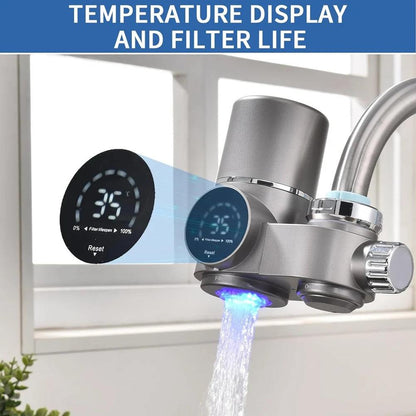 Faucet water filter with LED display showing temperature and filter life, installed on kitchen sink faucet with blue UV light purification.