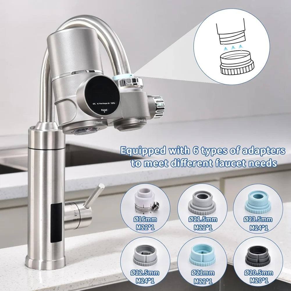 Faucet water filter with 6 adapter types for kitchen sink, 13-stage filtration system with UV blue light and LED display