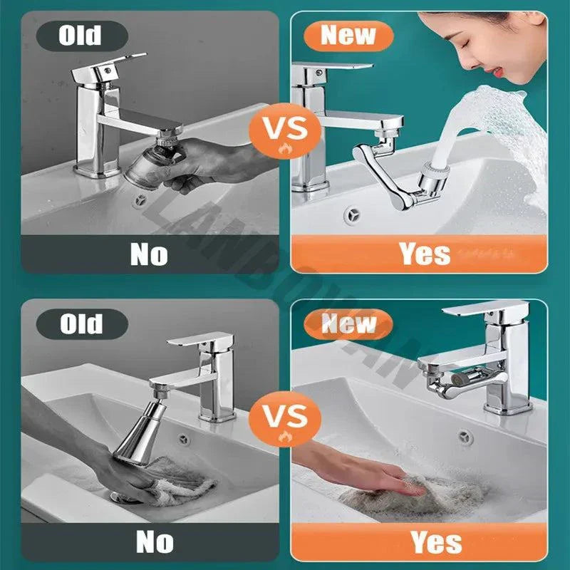 Comparison of old faucet without extender and new faucet with 1080 rotatable faucet aerator extender showing improved water flow and cleaning convenience
